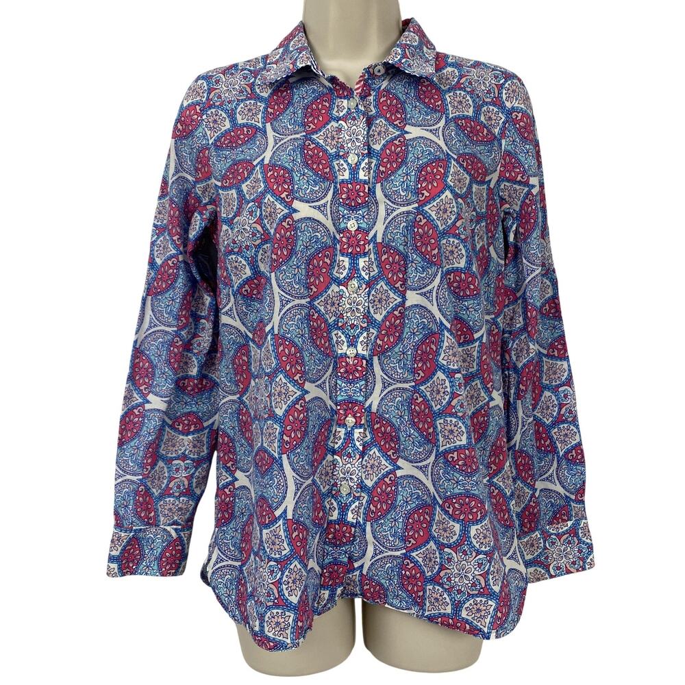Talbots Top Womens XS Pink Blue Medallion‎ Floral Button Up Preppy Lightweight